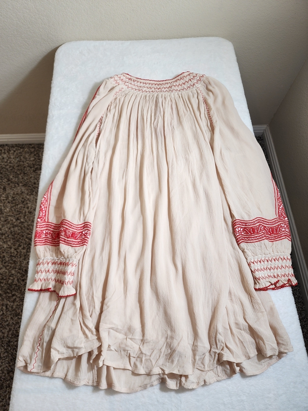 Free People Wind Willow Embroidered Mini Dress S Ivory Red Boho Peasant Dress - Picture 12 of 13